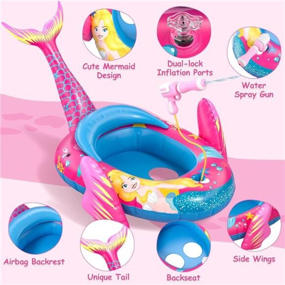 Mermaid Kids Pool Floats with Water Gun, Toddler Inflatable‎ Pool Toys for Kids - Picture 3 of 6